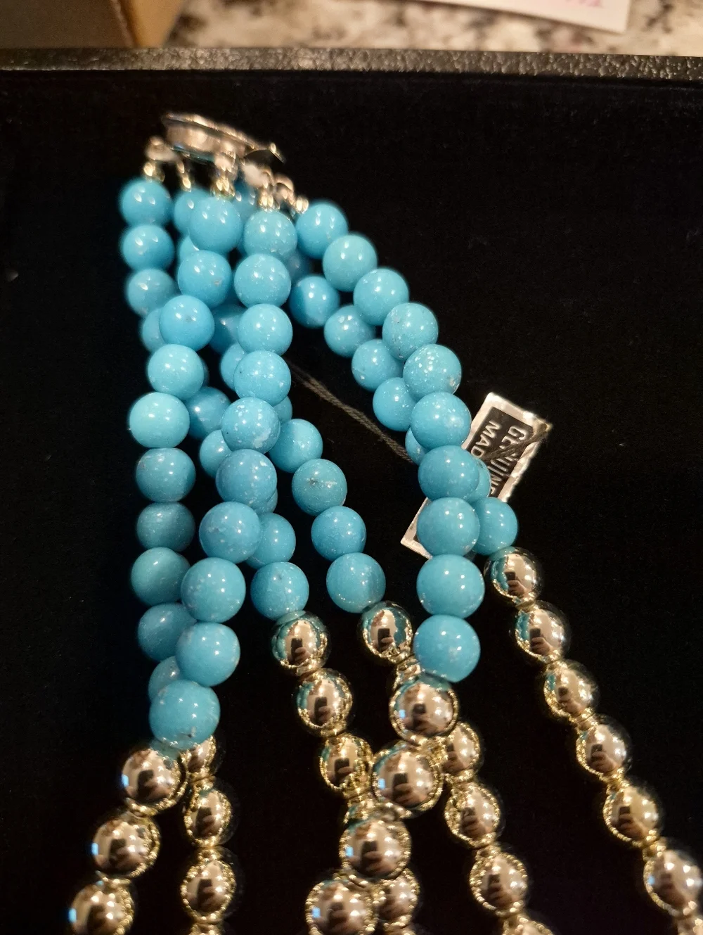 Vintage Genine Lucie Faux Turquoise Bead Multi Strand Necklace Silver Tone - Picture 6 of 6